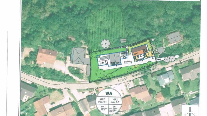 Die Planungsskizze zum Bebauungsplan "Waldanger Überarbeitung" mit der beantragten Nachverdichtung (Haus zwei) im rechten Teil des Grundstücks. Links skizziert ist das bereits vorhandene Gebäude.