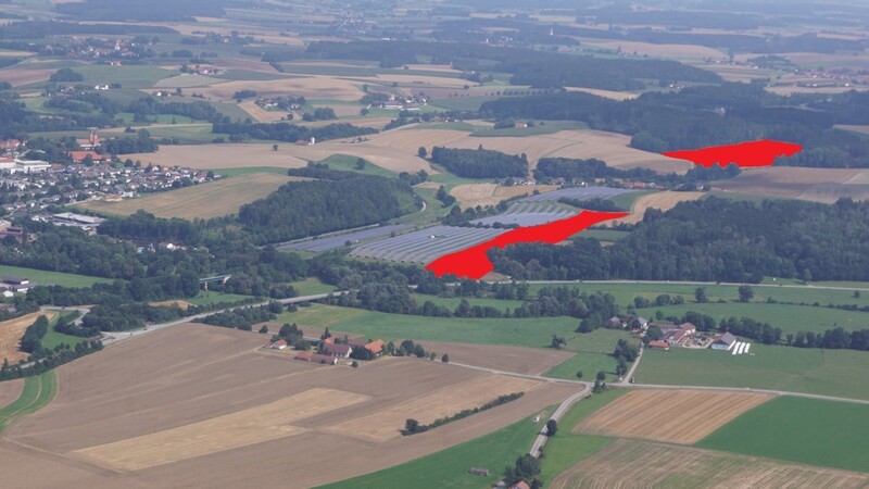 Der Vilsbiburger Bürger-Solarpark soll erweitert werden. Auf den rot markierten Flächen sind der Abschnitt IV an der bestehenden Photovoltaik-Anlage und Abschnitt V hinter Thalham geplant.