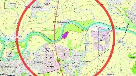 Der rote Kreis zeigt ungefähr den Drei-Kilometer-Umkreis um die Kläranlage (lila Fläche in der Mitte).