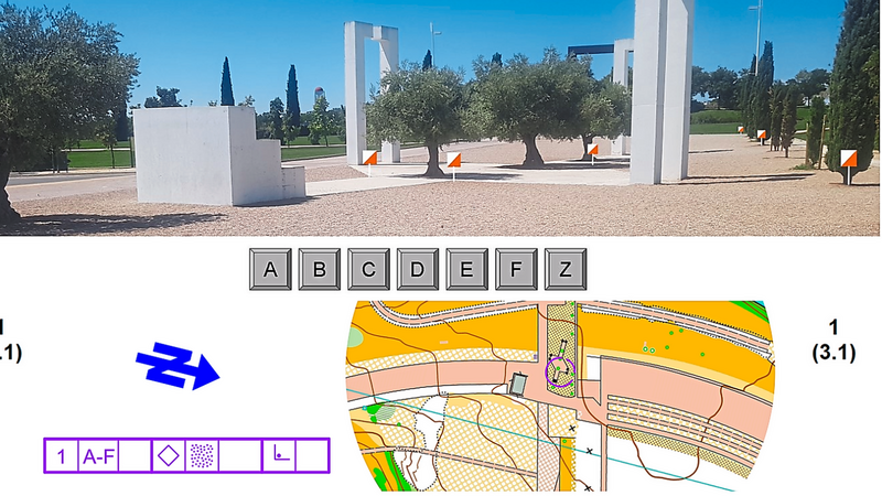 Typische Aufgabenstellung beim "Online-Trail-O:" Welche der orange-weißen Postenmarkierungen auf dem Bild entspricht dem auf der Karte mit dem Kreis gekennzeichneten Standort ? Es ist die zweite von links = "B".