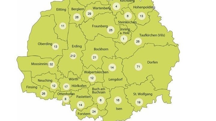 Diese Grafik zeigt die bislang in den einzelnen Gemeinden des Landkreises Erding bestätigten Covid-19-Fälle.