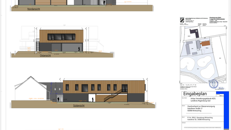 Die Grafik zeigt die verschiedenen Ansichten des geplanten neuen Anbaus an das Zweckverbandsgebäude in Mintraching.