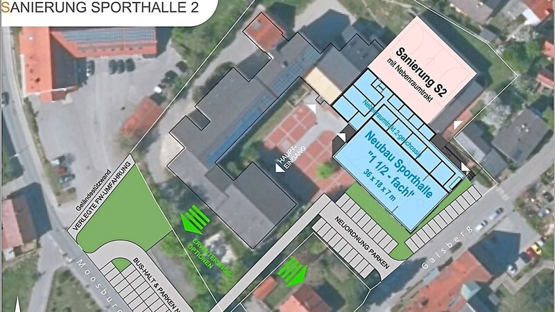 Neben dem Abbruch und Neubau der Sporthalle 1 sollen die Sporthalle 2 saniert und der Bushalt verlegt werden.