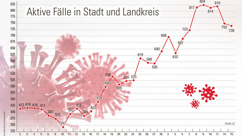 Die Zahl der aktiven Fälle in der Region Landshut ist auf 739 gesunken, das sind elf weniger Erkrankte als noch am Vortag.