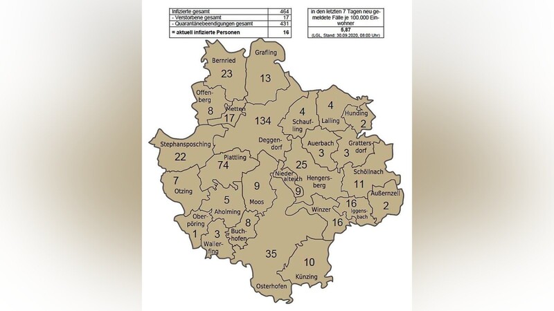 Landkreis-Karte mit den Zahlen der Infizierten.