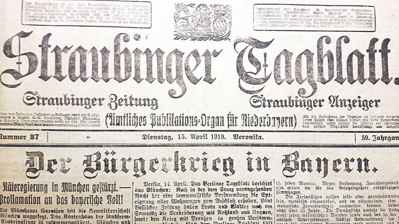 Rund vier Wochen lang war Bayern eine Räterepublik. Der gewählte Landtag wurde am Zusammentreten gehindert. Auch sonst gingen die Räte wenig demokratisch vor. So fielen die politischen Nachrichten im Straubinger Tagblatt vom 8. April 1919 der Zensur zum Opfer.