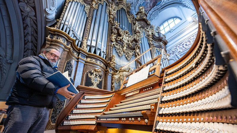 Ludwig Ruckdeschel, Domorganist, steht vor der Orgel im Dom St. Stephan.