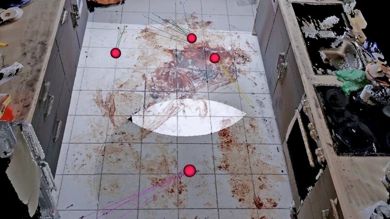 Blutbad in der Küche: Anhand der roten Punkte werden die Blutspritzer analysiert und der Tatablauf rekonstruiert.