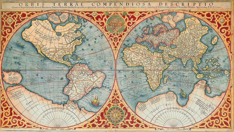 Rumold Mercators Weltkarte von 1597 zeigt die seit Ptolemäus wild wuchernden Vorstellungen von der "Terra Australis", die James Cook auf ihren Kern zurückführte.