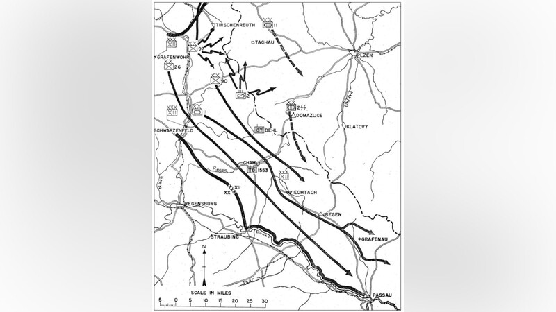 Originalkarte der Operationen von US-Streitkräften nördlich der Donau. Nirgends ist hier ein Überqueren der Donau eingezeichnet.