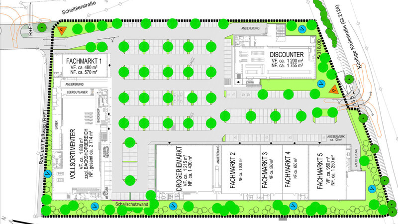 So sieht die Grundplanung mit den einzelnen Fachmärkten aus. Es gibt ausreichend Parkplätze, die mit Bäumen begrünt sind.