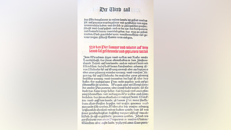 Reproduktion eines Druckes der Urkunde, auf der das bayerische Reinheitsgebot, erlassen am 23. April 1516 in Ingolstadt, festgehalten wurde. (Foto: dpa/Rumpenhorst)