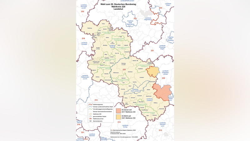 Der Wahlkreis 228 hat zu viele Einwohner, daher mussten dem Wahlkreis Rottal-Inn sieben Gemeinden (schraffiert) angegliedert werden.