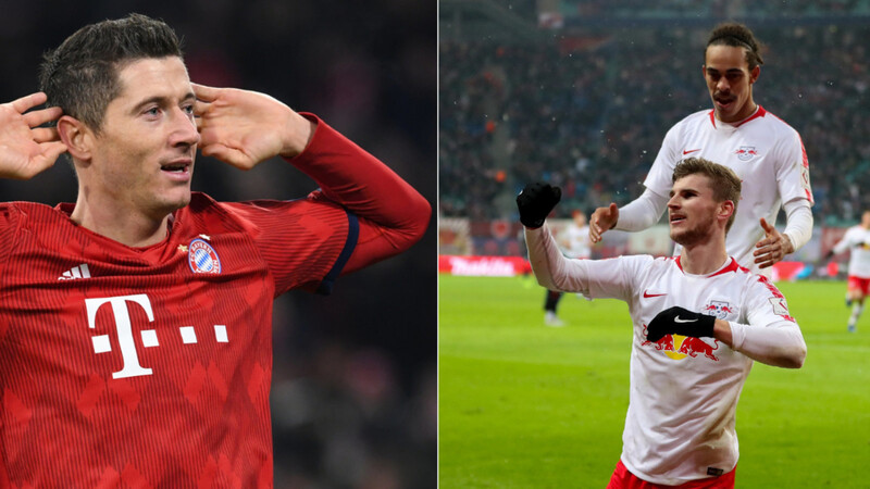 Robert Lewandowski (links) traf bereits zehnmal in der Bundesliga und insgesamt 22 Mal in dieser Spielzeit, die Leipziger Timo Werner und Yussuf Poulsen kommen zusammen auf 23 Tore in dieser Saison.