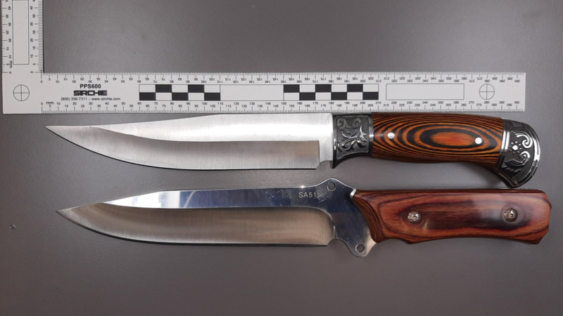 In der Seitenablage der Fahrertüre fanden die Beamten zwei Messer mit einer Klingenlänge von 18 Zentimetern.
