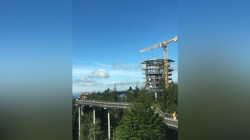 Noch sind die Bauarbeiten nicht abgeschlossen. Bereits im September soll der neue Erlebnisturm am Waldwipfelweg eröffnet werden.
