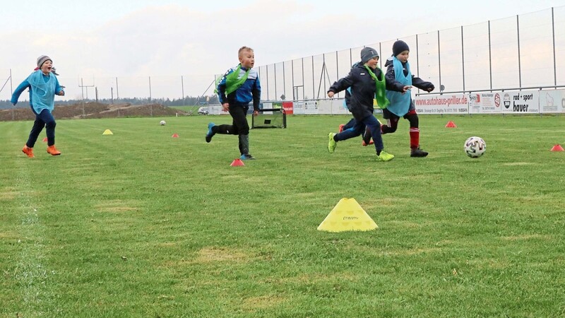 Die G- und F-Junioren des TSV Kirchberg beim DFB-Demonstrationstraining - auf kleinem Feld mit kleinen Toren jagen sie dem Ball nach.