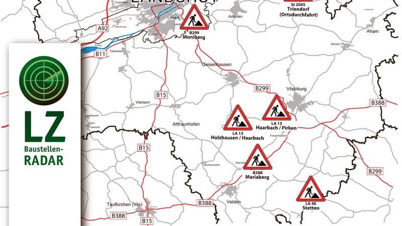 Die Karte zeigt die Baustellen an Bundes-, Staats- und Kreisstraßen im Landkreis.