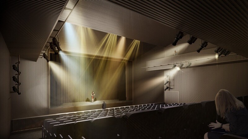 Der große Saal des Theater-Neubaus nach Entwürfen des Konstanzer Architekturbüros "bächlemeid" sieht eine Wandverkleidung mit gelochten Kupferelementen vor, hinter denen sich ein Akustikvlies befindet.