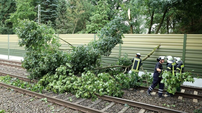 Feuerwehrleute beseitigen nach einem Unwetter umgestürzte Bäume auf einer Bahnstrecke.