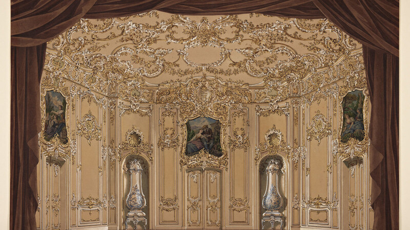 Der Bühnenbildentwurf von Angelo II Quaglio zu Ludwigs Lieblingsstück "Narziss" (1885).