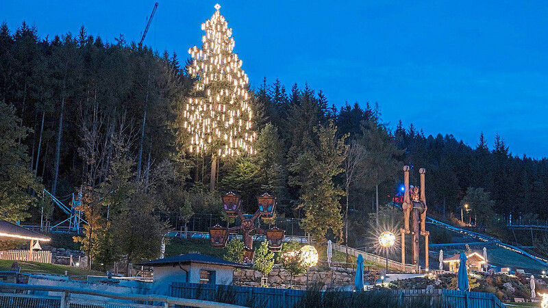 Edelwies bei Nacht, der beleuchtete Weihnachtsbaum ist 45,08 Meter hoch und damit der höchste, lebende Christbaum Europas.