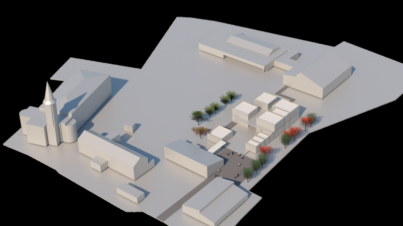 Im Massenmodell für den Neubau der Grundschule wird die ungefähre Größe des zukünftigen Gebäudes im Vergleich zur Umgebungsbebauung erkennbar.