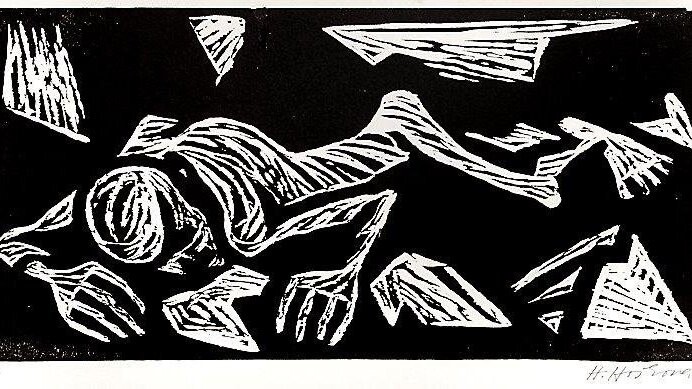 Helga Hoková-Weissová, Auf dem Todesmarsch, 1981. Die Künstlerin skizzierte ihre Motive in den Metallstaub der Bohrmaschinen. Weitere Arbeiten entstanden in Linolschnitten.