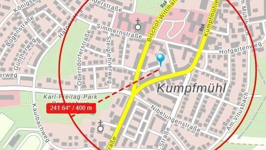 Dieses Gebiet muss im Zuge der Entschärfung der Fliegerbombe am Freitag in Regensburg-Kumpfmühl gesperrt werden.