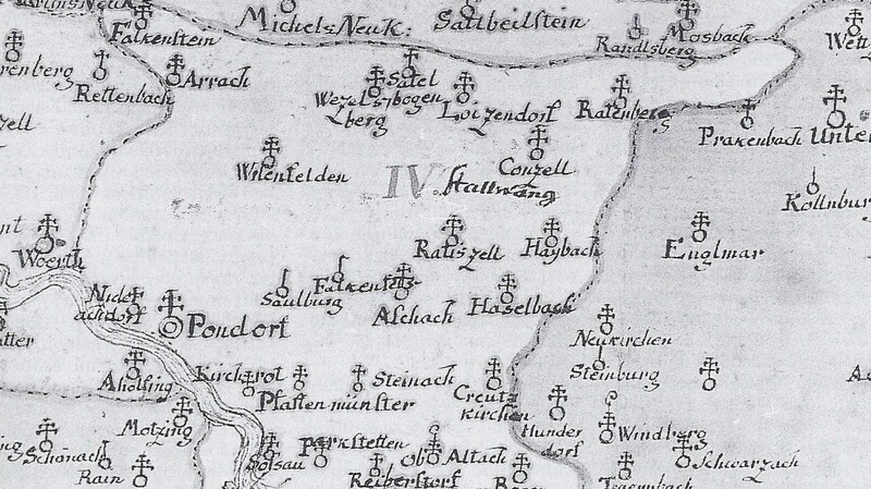 Das Dekanat Pondorf in den Grenzen von 1787. Die Karte stammt aus dem Diözesanmatrikel 1782/87.