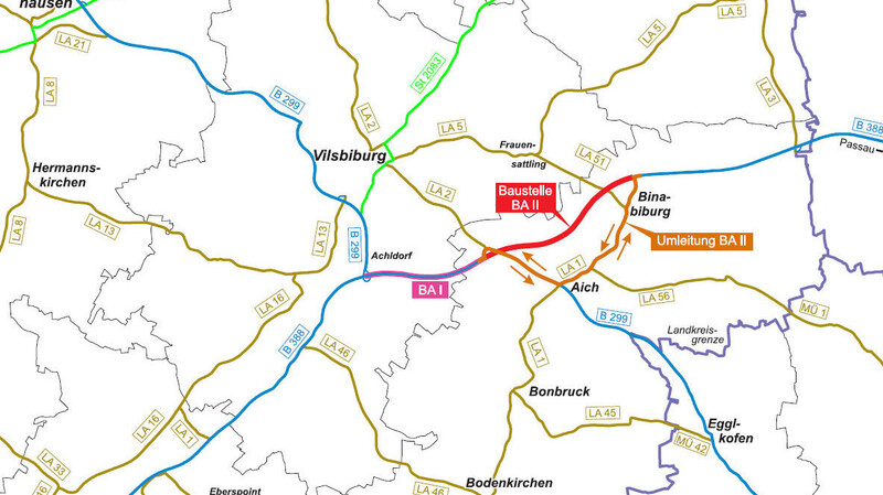 So können Sie die Baustelle auf der B388 zwischen Achldorf und Landkreisgrenze umfahren.
