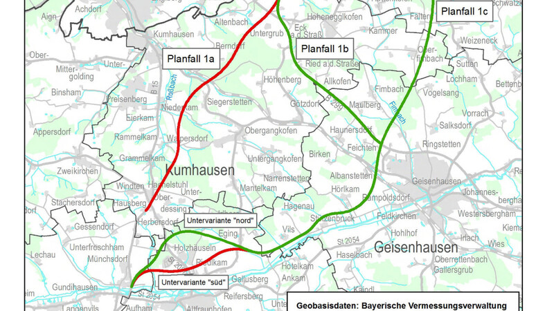 Die rot markierte stadtnahe Variante für die Weiterführung der B15neu ist beim Raumordnungsverfahren der Regierung von Niederbayern durchgefallen.