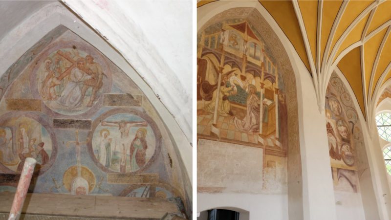 Fresko im Chor vor der Reinigung (links) und danach: Die Farben leuchten wieder.