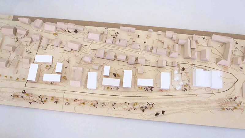 Dieses Modell zeigt eine Möglichkeit, wie die bisher unbebauten Grundstücke entlang der Uferstraße bebaut werden könnten.