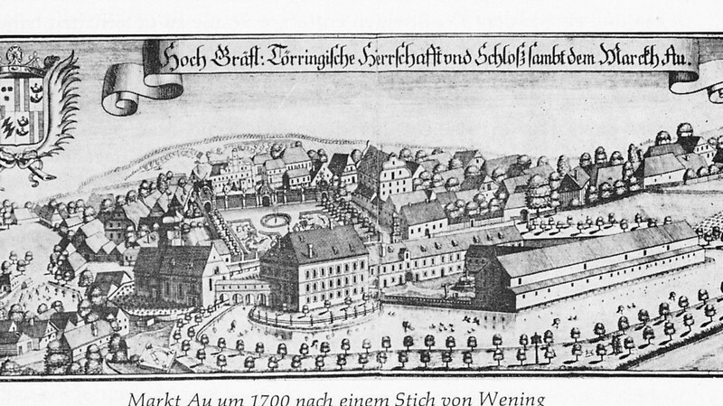 Das Schloss in Au, wie es zwischen 1543 und 1578 erbaut wurde, nach einem Kupferstich von Michael Wenig von 1723.