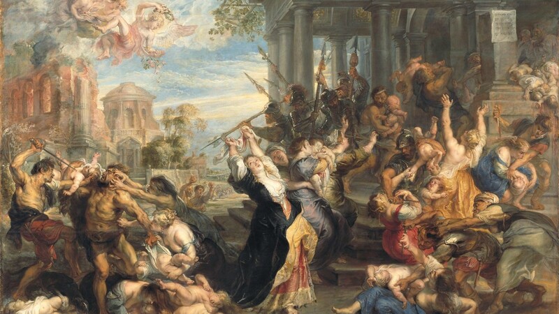 Der Rahmen dieses Gemäldes von Peter Paul Rubens, "Der bethlehemitische Kindermord", um 1638, soll von Mitgliedern der "Letzten Generation" beschädigt worden sein. Dem Bild selbst sei aber nichts passiert, meldet die Alte Pinakothek in München.