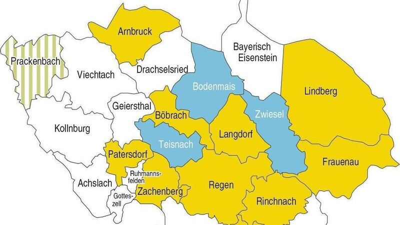 Blau sind die Gemeinden dargestellt, in denen keine Bürgermeisterwahl stattfindet.