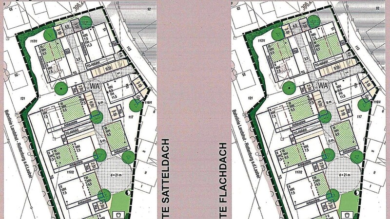 Für das Gebäude rechts oben gab es zwei Varianten, die im Marktgemeinderat diskutiert wurden: eine mit Satteldach und zwei Wohneinheiten weniger (linke Grafik) und eine mit Flachdach.