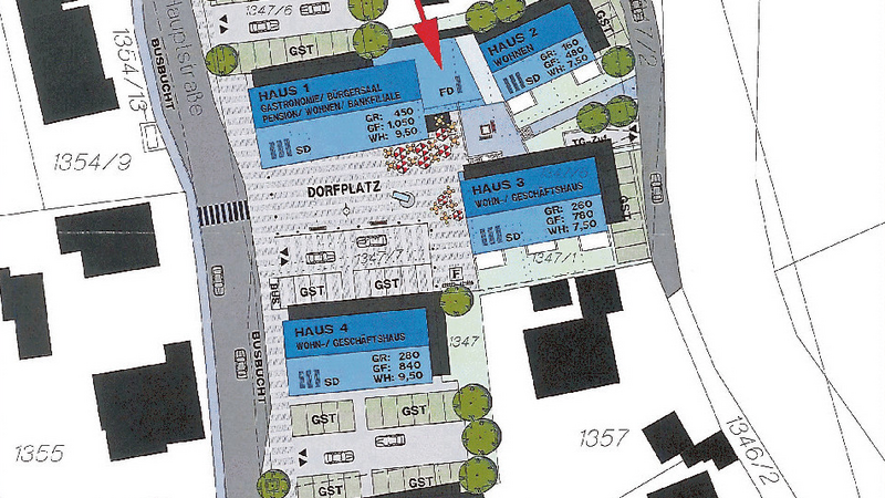 Die blau schraffierten Flächen der Grafik werden von der Gemeinde an die Volks- und Raiffeisenbank abgetreten.