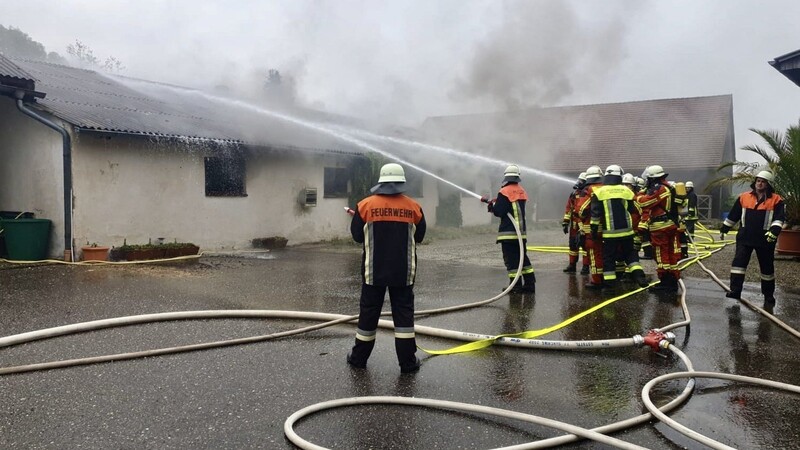 Feuerwehreinsatz am Samstagmorgen bei Sünching (Kreis Regensburg). Dort stand eine Scheune in Flammen. In der Scheune befanden sich etwa 2.200 Küken, die bei dem Brand verendeten.