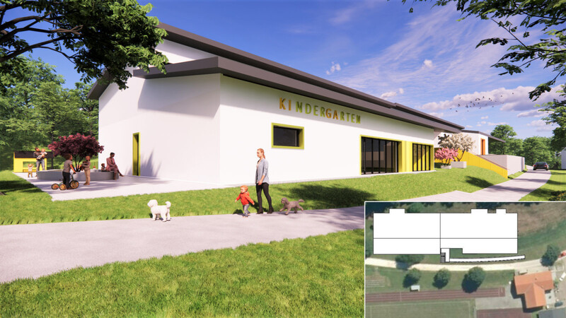 Als langgestreckter Bau, ganz in der Nähe der aktuellen Containeranlage am Sportgelände, soll der neue Kindergarten entstehen.