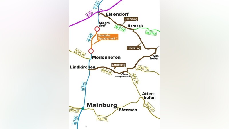 Der zweite Bauabschnitt auf der B301 zwischen Meilenhofen und Appersdorf wird ab kommender Woche saniert.