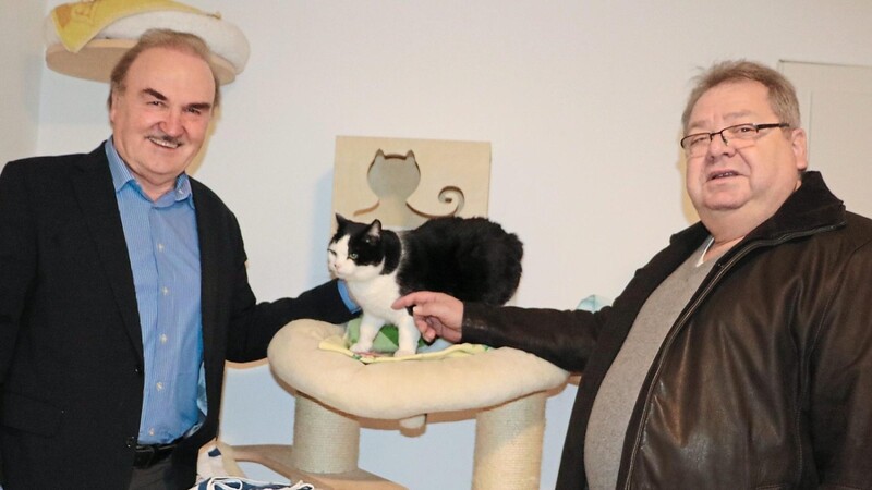 Blicken mit Stolz auf die Arbeit des Tierfreundekreises: Die beiden Vorsitzenden Karl Wartha (l.) und Gerhard Kugler; im Bild Nelly, eine verschmuste Katze, die in der Auffangstation auf Vermittlung wartet.
