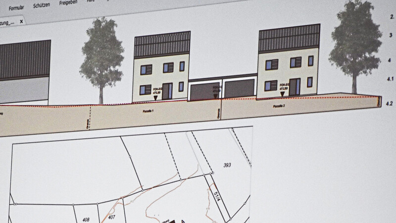 Die Ansicht der beiden Einzelhäuser mit den dazwischenliegenden Garagen sowie der Lageplan (unten) der Einbeziehungssatzung "Haslach Unterfeld". Diesen Planungsentwurf des Architekturbüros Bernd Kieferl hat der Marktrat nun auf den Weg gebracht.
