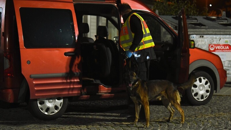 Ein Diensthundeführer der Polizei lässt seinen Drogenspürhund an einer Kontrollstelle der Polizei an der A93 ein Auto durchsuchen.