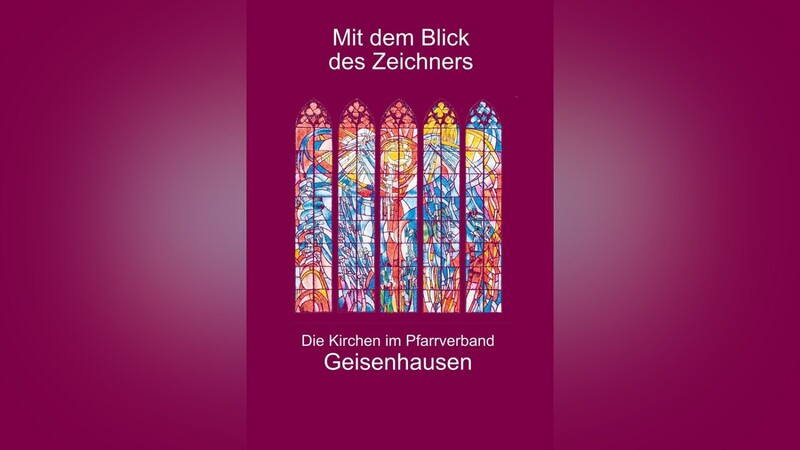 Kirchenfenster von St. Martin in Geisenhausen auf dem Cover des Kirchenführers. - Eine gezeichnete Ansicht von St. Theobald in Geisenhausen.