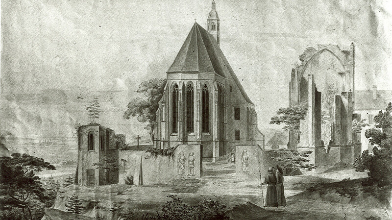 Ausschnitt einer Zeichnung, die etwa 1832 entstanden sein soll: Von der einstigen Kapelle, die unweit der Wallfahrtskirche stand, war damals noch ein Gewölbebogen zu sehen.
