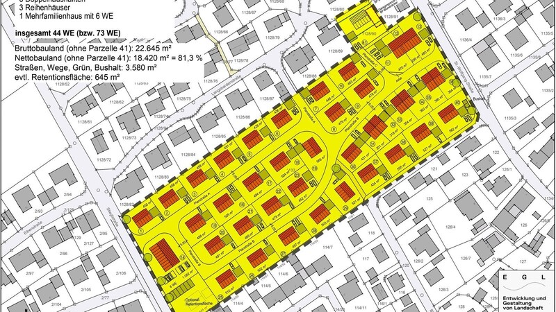 Der gelb markierte Bereich zeigt den Umgriff des neuen Bebauungsplans, in dem bei Variante 3 wegen des großen Grundstücks rechts oben die Zufahrt zu dem noch unbebauten Grundstück im Norden verändert wird. Deshalb soll auch das Grundstück in den neuen Bebauungsplan mit aufgenommen werden.