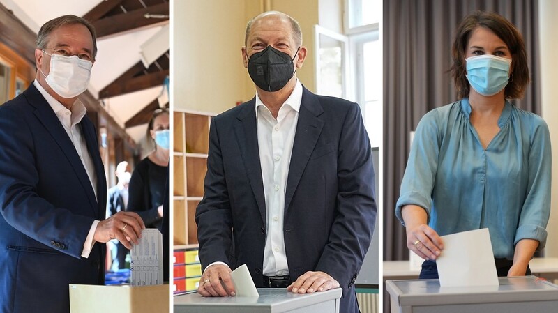 Die Kanzlerkandidaten (v. l.) Armin Laschet (CDU), Olaf Scholz (SPD) und Annalena Baerbock geben ihre Stimme ab. Scholz hat die Wahl gewonnen, aber auch Laschet könnte noch Kanzler werden.
