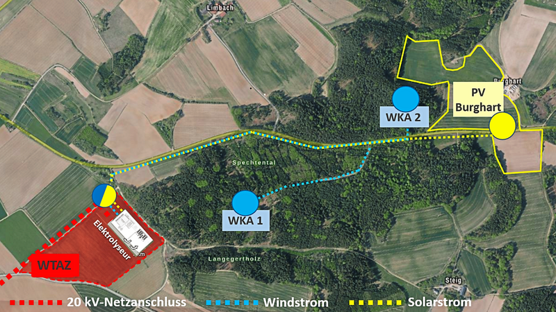 Die Karte zeigt, wo die beiden Windräder (WKA 1 bei Spechtental und WKA 2 bei Burghart) entstehen sollen und wo der Elektrolyseur und das Wasserstoffzentrum geplant sind.